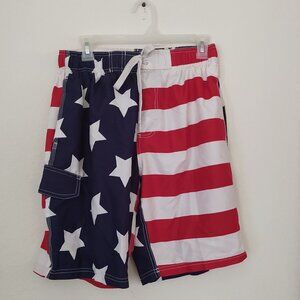 KANU SURF MENS SWIMWEAR MED RED WHITE BLUE AMERICAN FLAG PRINT DRAWSTRING WAIST